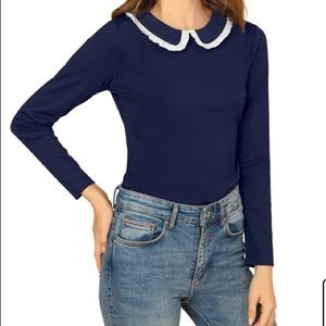 Ruffle Peter Pan Collar navy long sleeve blouse